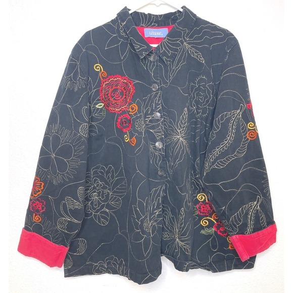 Liz & Me Jackets & Blazers - Liz & Me Women Jacket Embroidered Floral Button Up Large Black